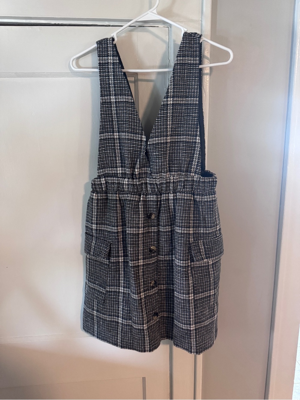 Plaid Deep-V Pinafore Dress in Black and White